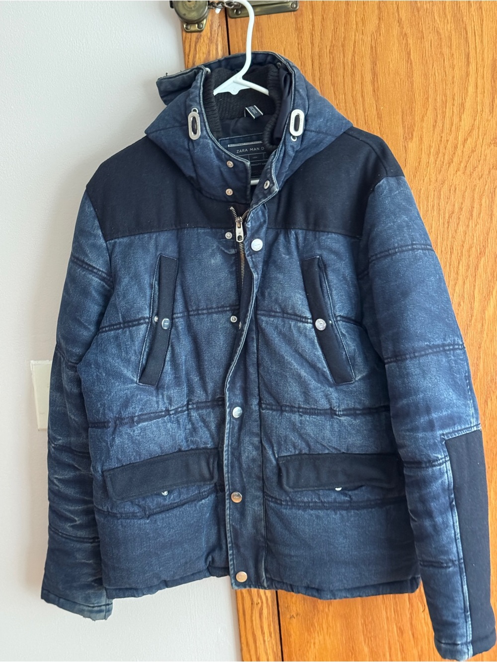 Zara Man Denim Mens Large Acid Wash Blue Denim Hooded Puffer